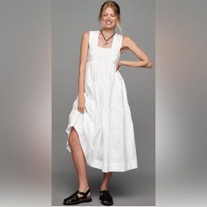 Anthropologie White Tiered Eyelet Midi Dress Square Neck